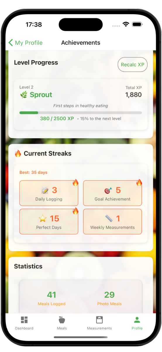 Nutrivio gamification system showing achievements, badges, and wellness rewards