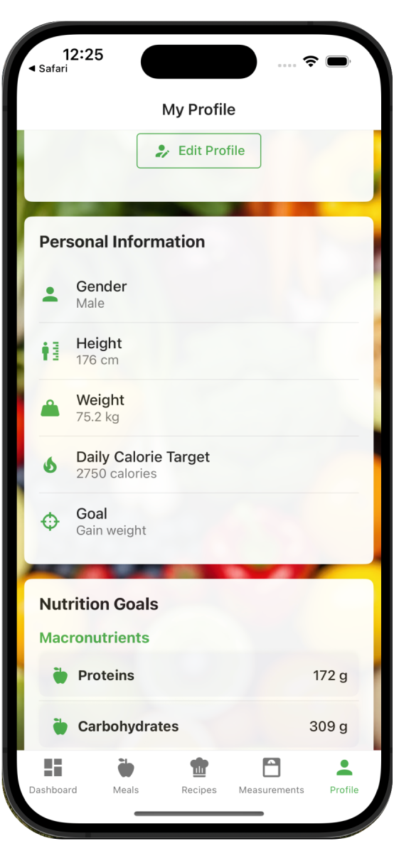 Nutrivio user profile settings with premium features, preferences, and account management