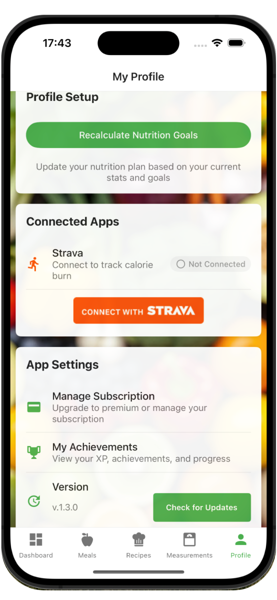 Nutrivio Strava integration showing connected fitness activities, exercise calories tracking, and comprehensive calorie burn analysis
