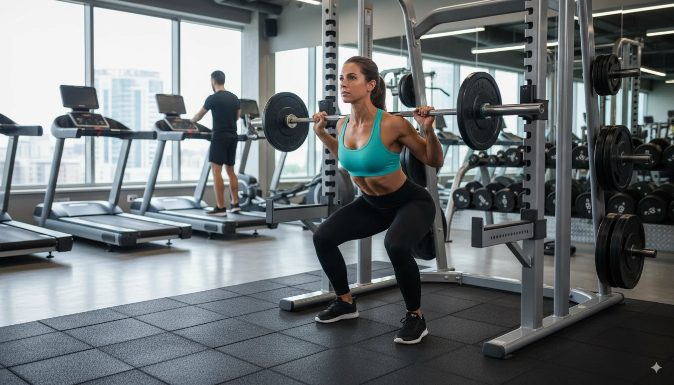 Person exercising with metabolic rate visualization and scientific formulas overlay