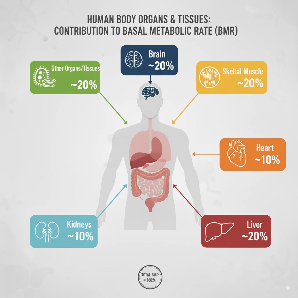 BMR contribution infographic showing human body systems that consume energy - brain, heart, liver, kidneys, and other organs with percentage breakdowns of metabolic energy usage