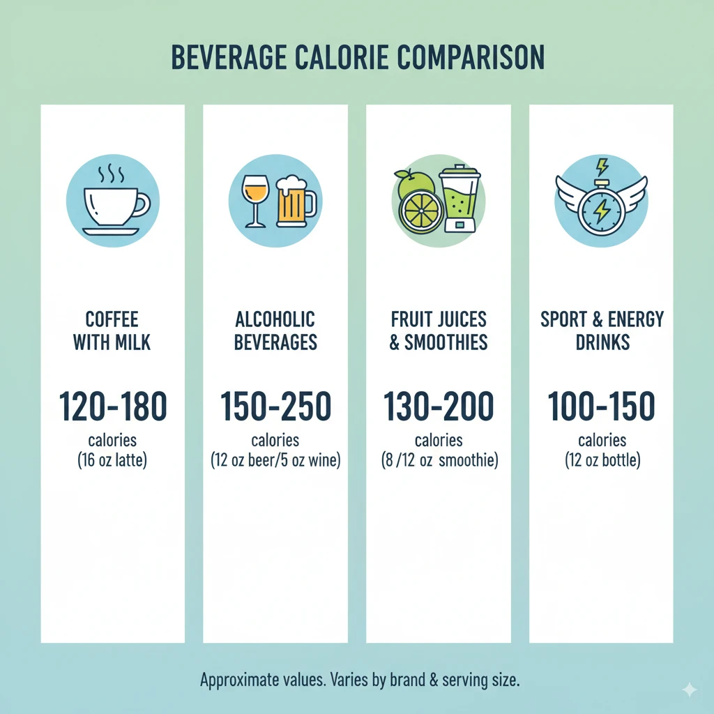 Infographic showing calorie content of common beverages including coffee drinks, sodas, juices, and alcoholic beverages