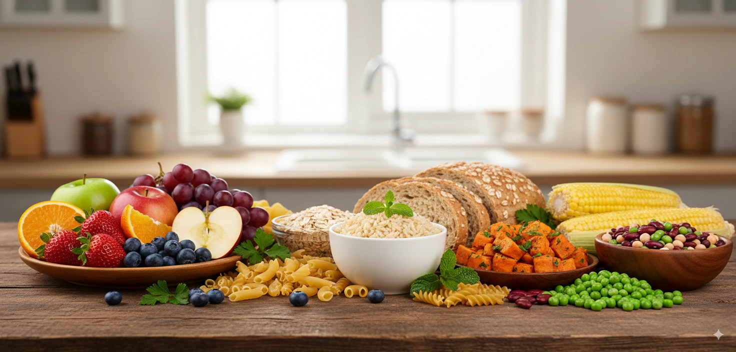 Healthy carbohydrate sources including whole grains, fruits, vegetables, and legumes displayed colorfully
