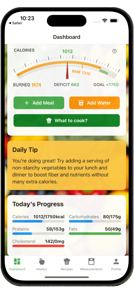 Nutrivio dashboard showing calorie balance gauge with daily targets and progress tracking