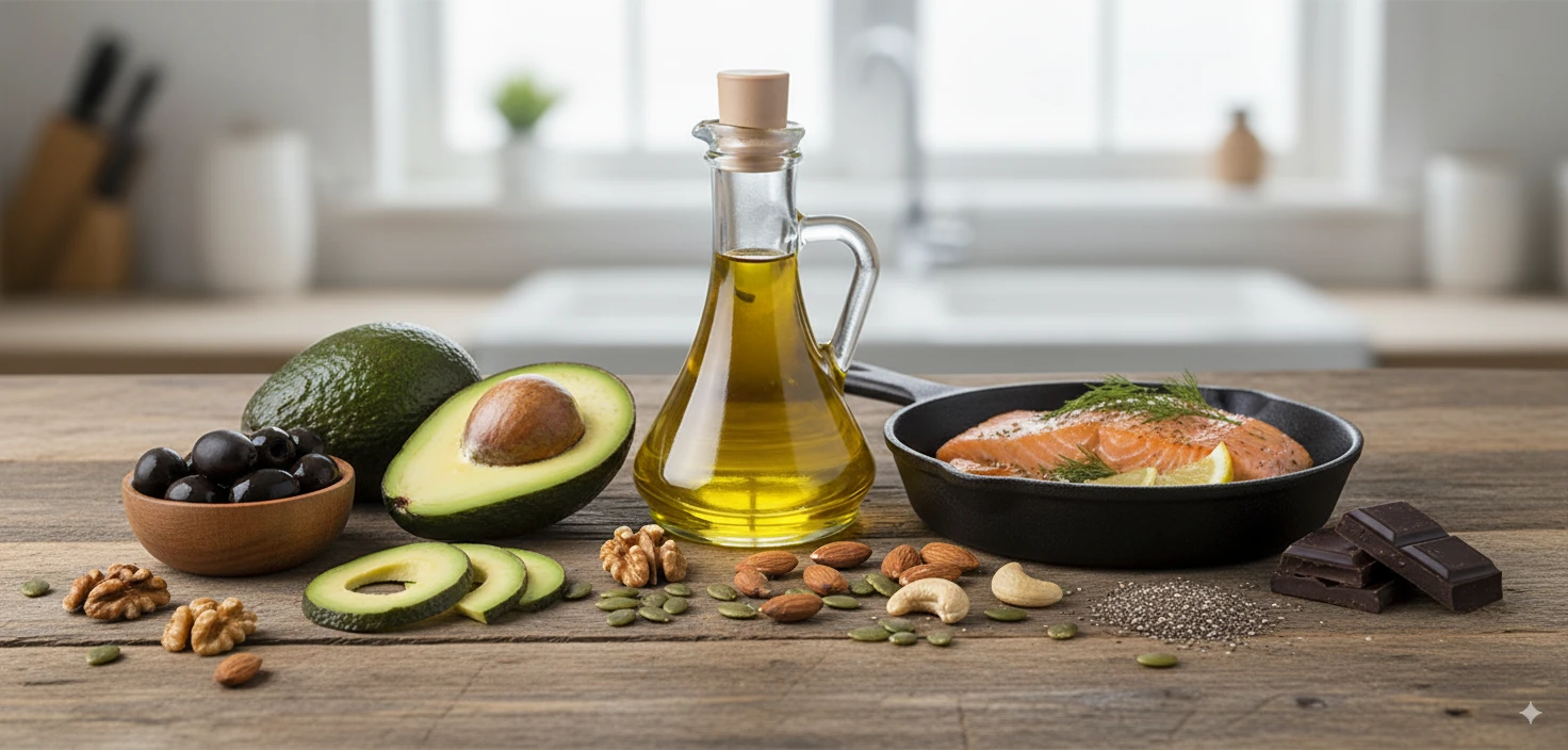 Healthy fat sources including avocado, nuts, olive oil, and fatty fish arranged aesthetically