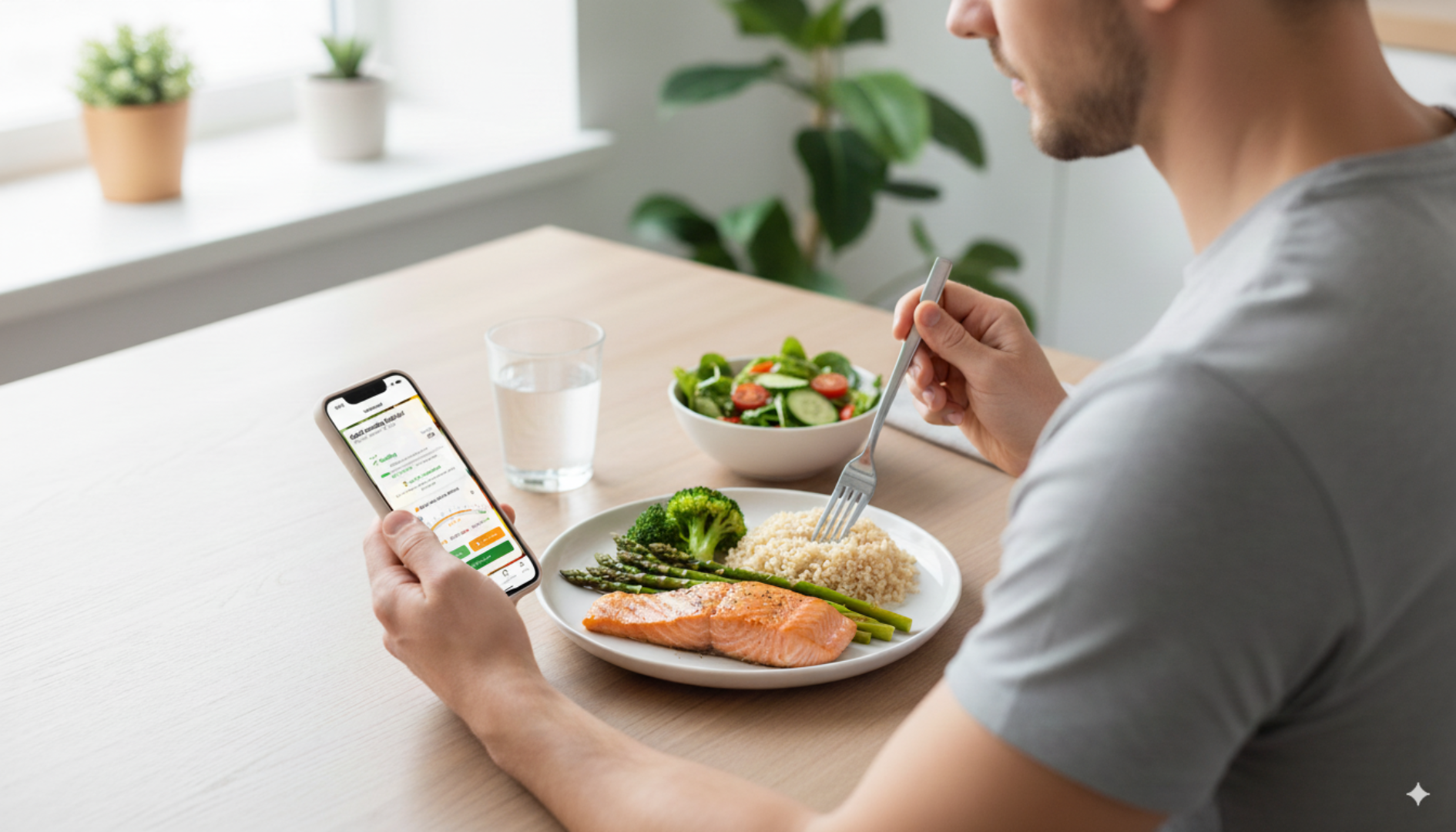 Person using Nutrivio app for weight loss tracking with healthy food and fitness equipment