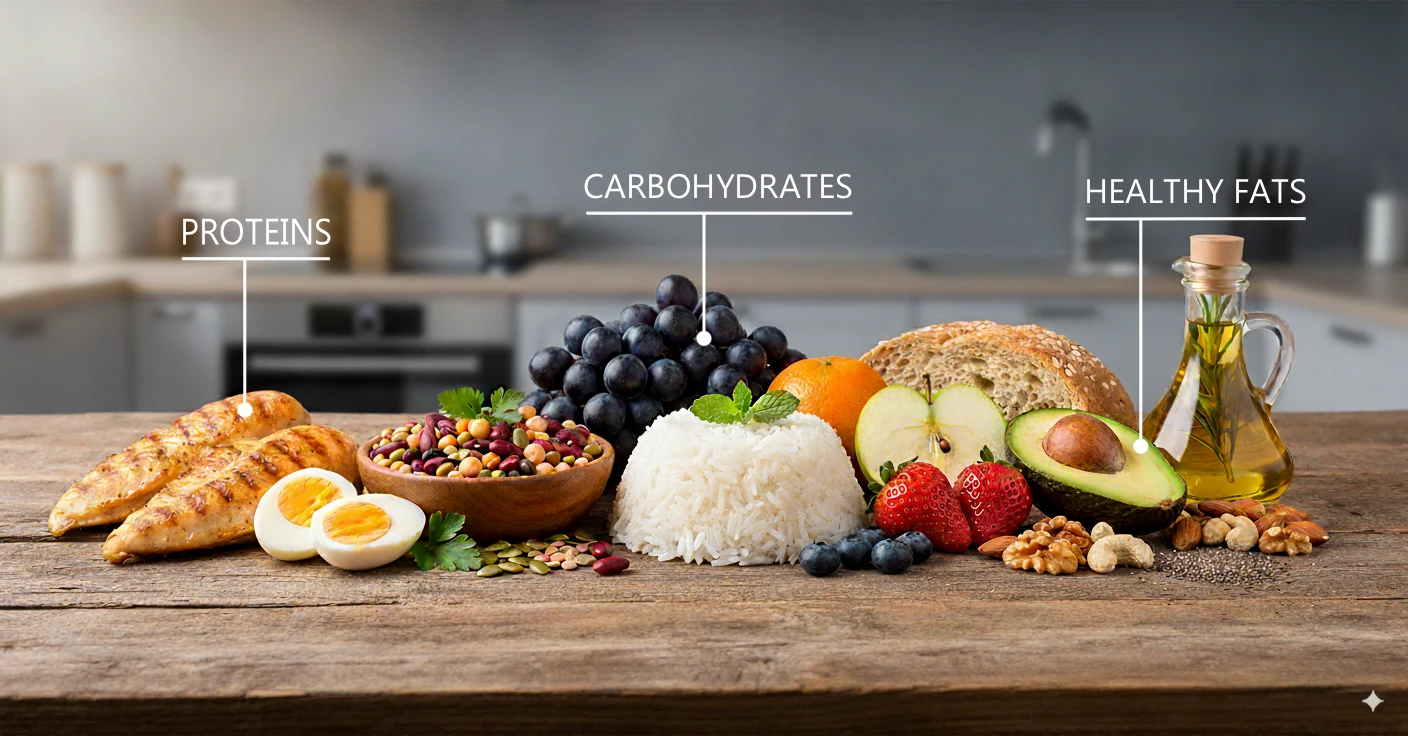 Colorful array of foods representing different macronutrients - proteins, carbs, and fats
