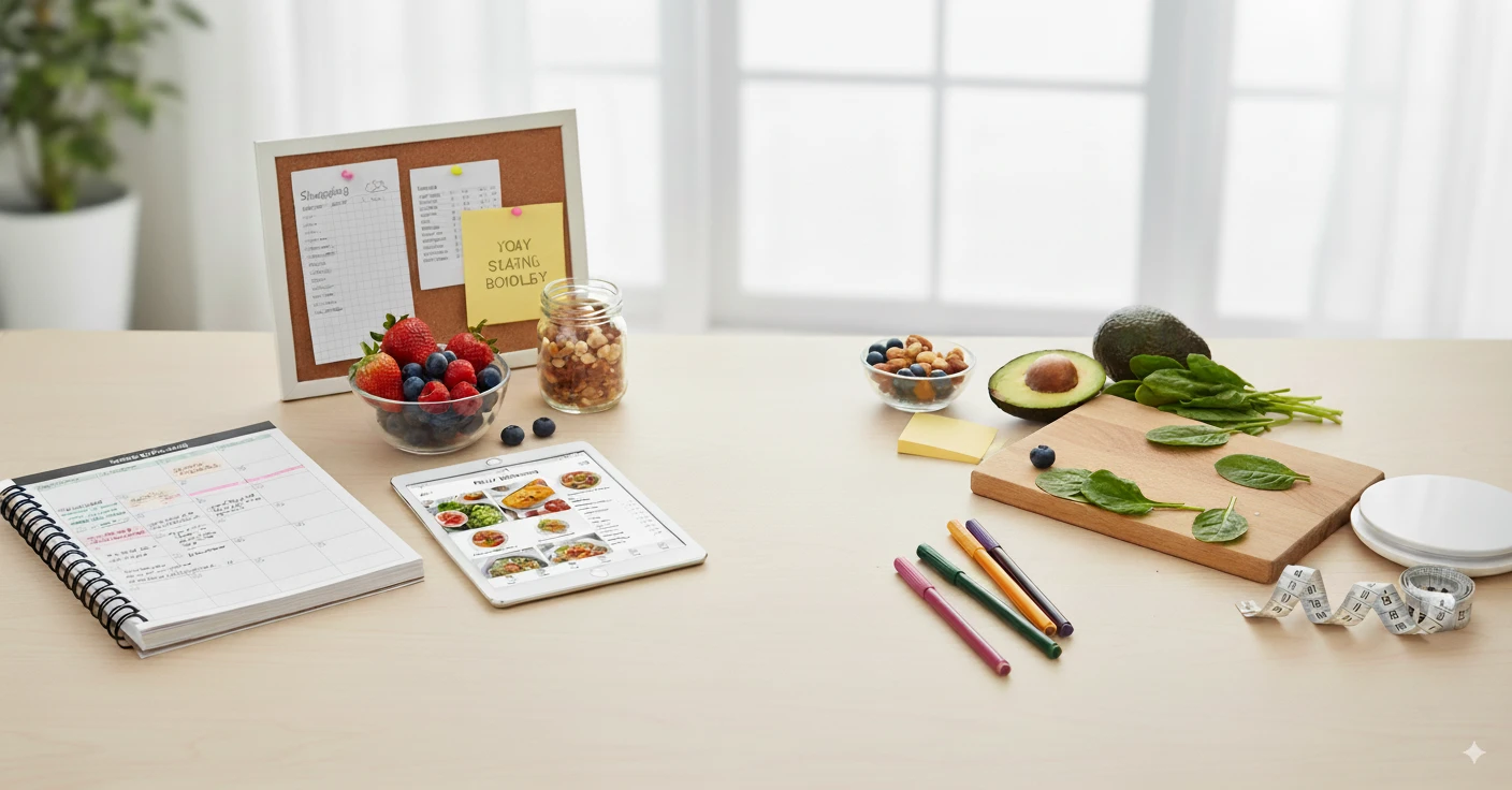 Meal planning workspace with healthy ingredients and planning tools