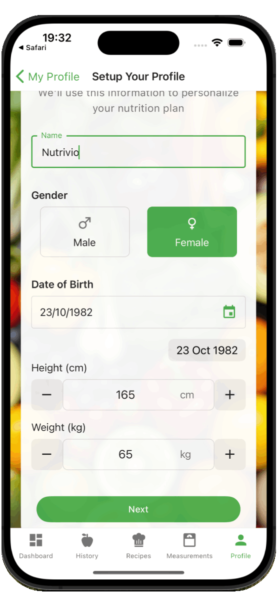 Nutrivio app showing personalized calorie goal setup and daily targets
