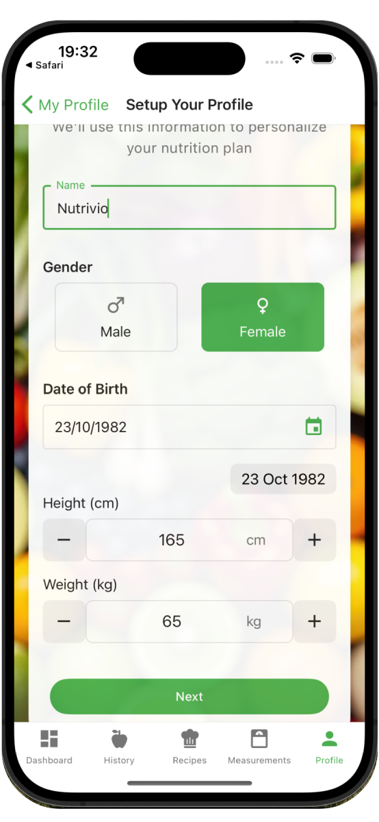 Nutrivio app welcome screen and basic profile setup
