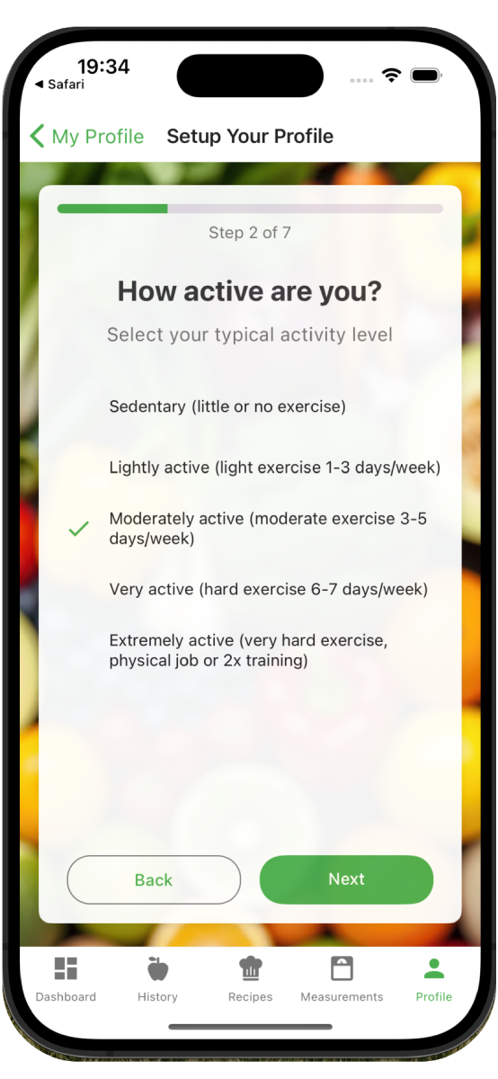 Nutrivio activity level selection and lifestyle preferences