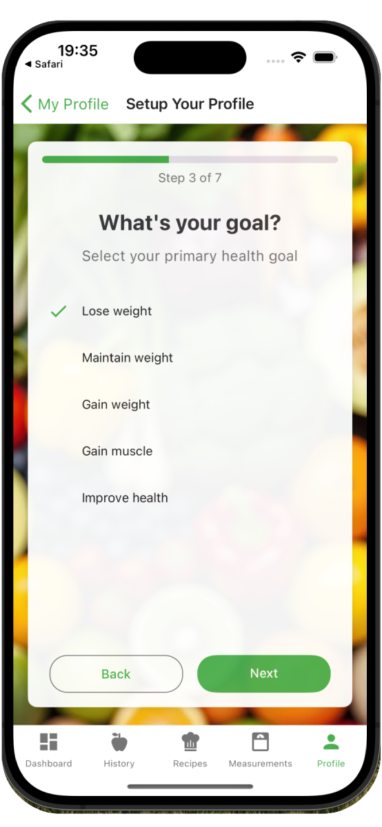 Nutrivio goal setting and weight loss targets configuration