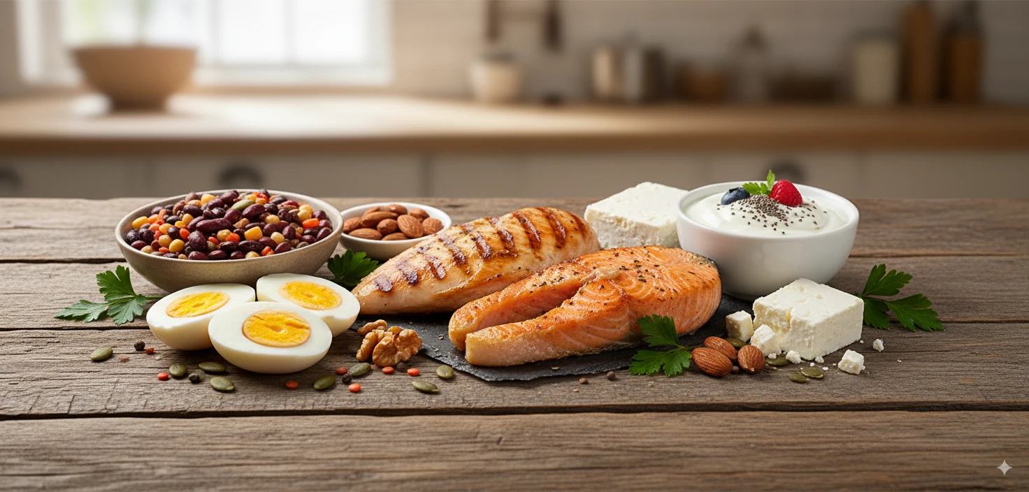 Variety of protein sources including lean meats, fish, eggs, legumes, and dairy products arranged on a wooden table
