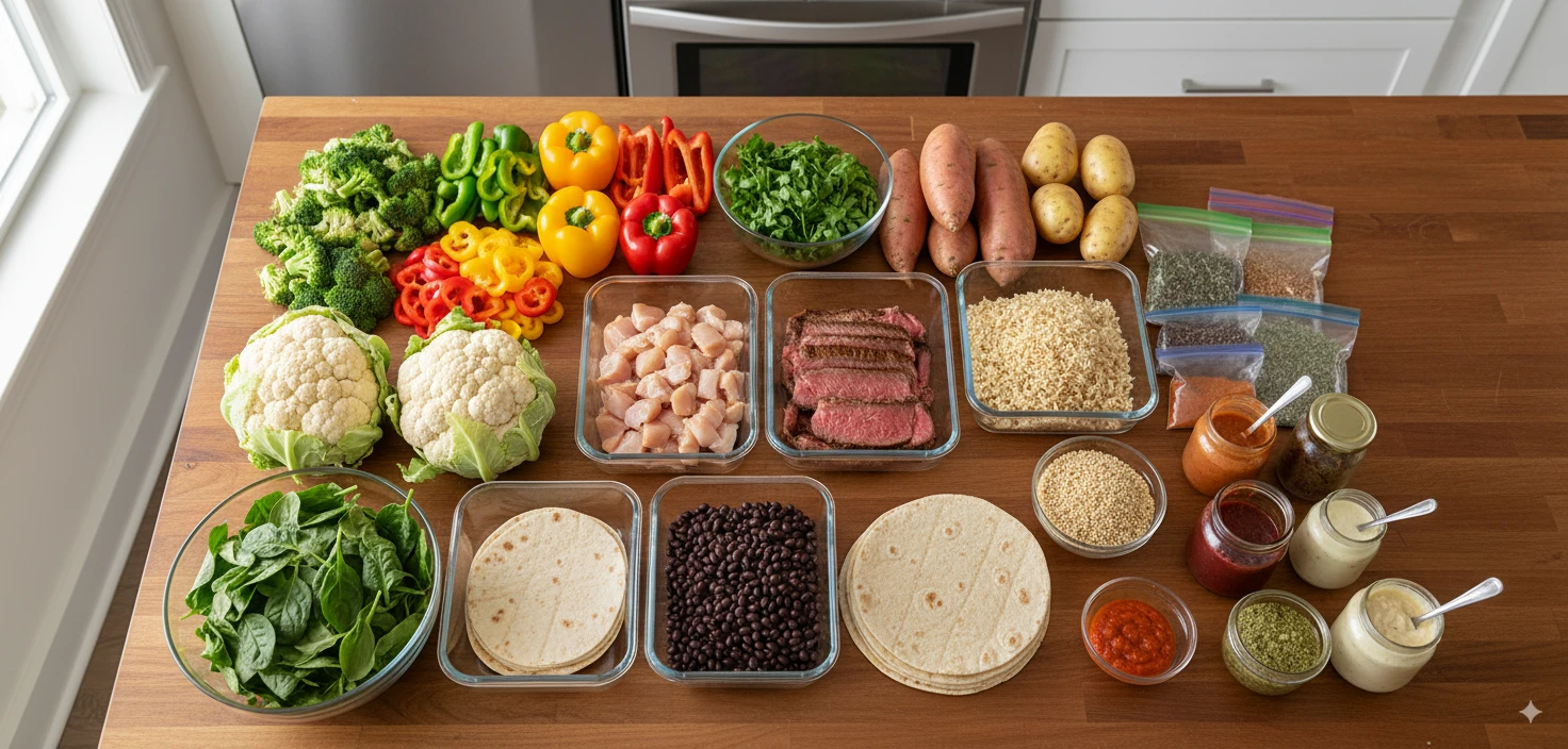 Various vegetables and proteins organized by type, showing ingredient batching concept