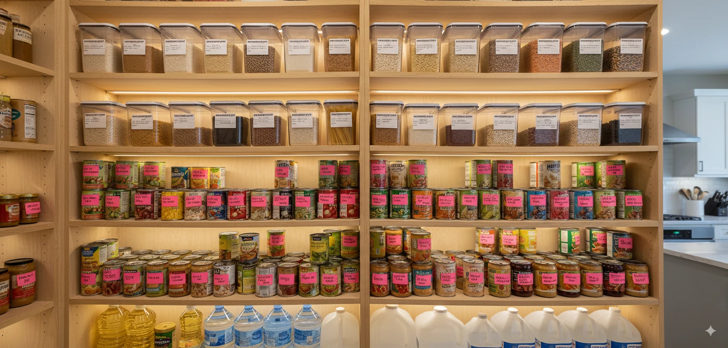 Well-stocked pantry with emergency meal ingredients clearly labeled